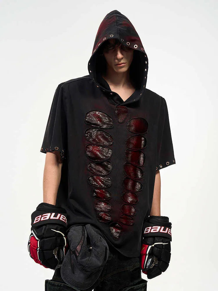 Black men's loose-fit hooded short-sleeve T-shirt with sequin detailing.