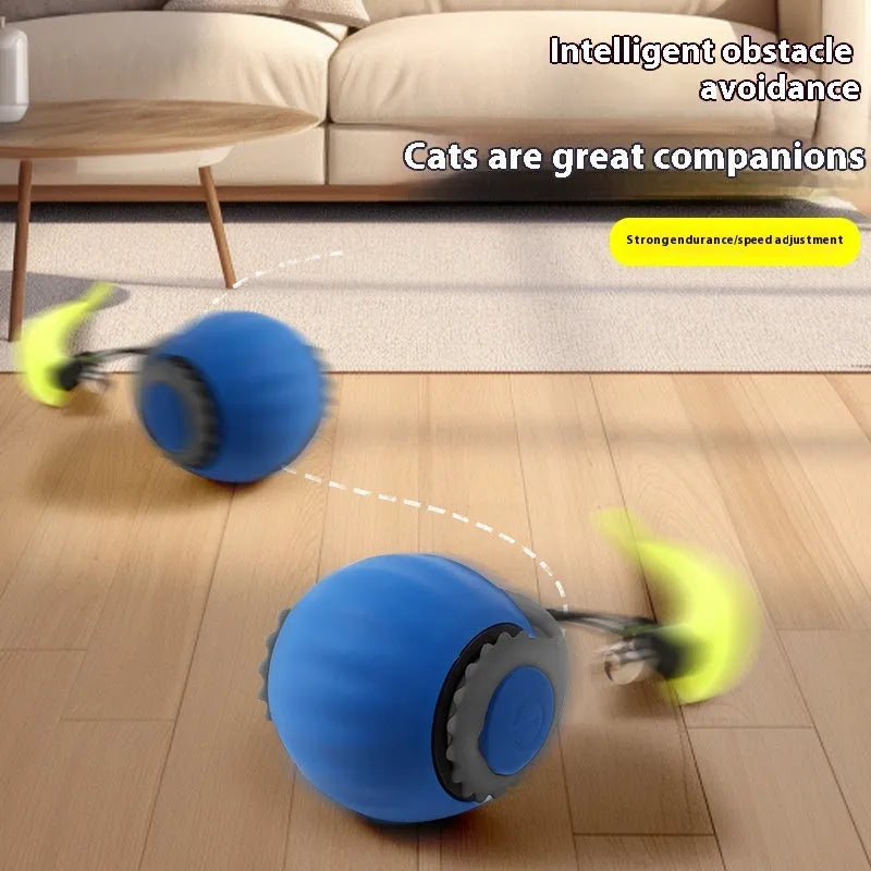 Automatic gravity-sensing cat toy with rolling ball and tail attachment in blue colour with gun grip handle