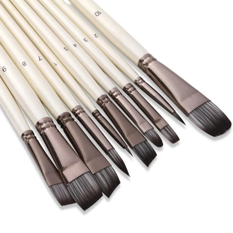 Set of 10 pearl white nylon watercolor brushes with wooden handles in PVC bag