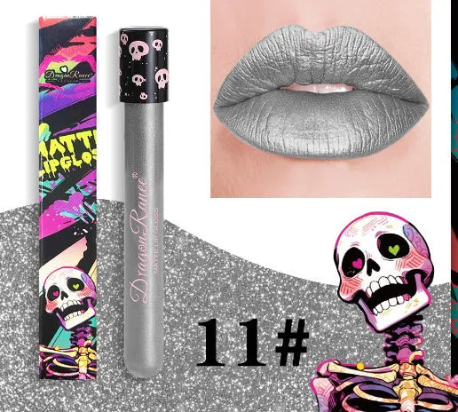 Halloween themed matte lip gloss in a skull-shaped test tube, shown in gold and silver shades.