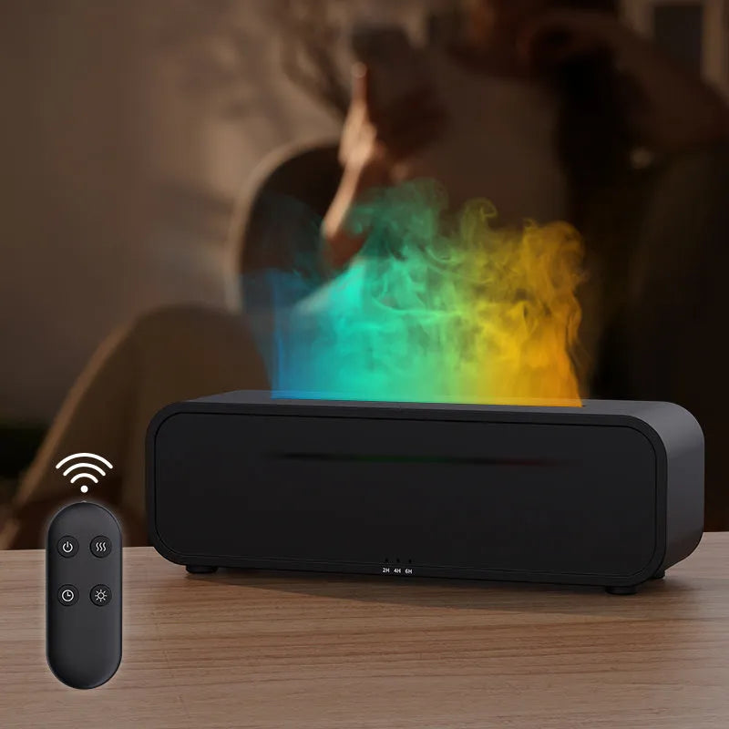 Black and white USB aroma diffuser showing flame dynamic light effect and remote control.