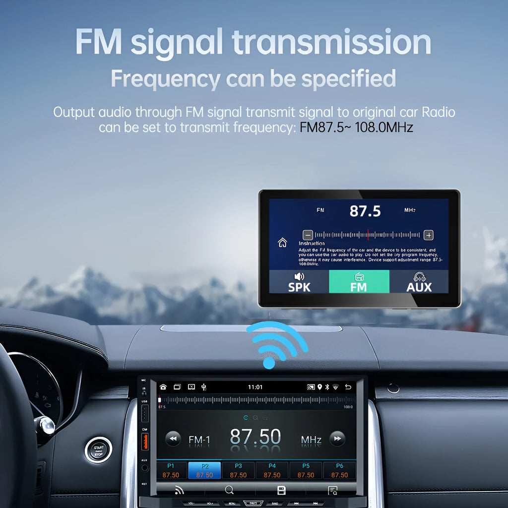 Black 7-inch wireless CarPlay projection camera and dash cam with wide-angle lens on car dashboard