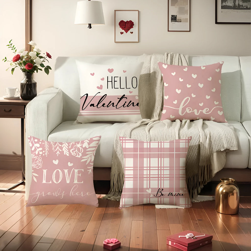Square plaid and heart print pillow cover, 45cm by 45cm, in one of four colour options.