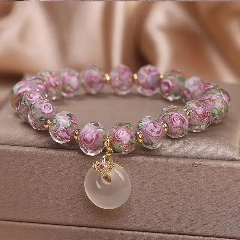 Purple glass bracelet for women with peace buckle and flower charm, sweet style travel gift