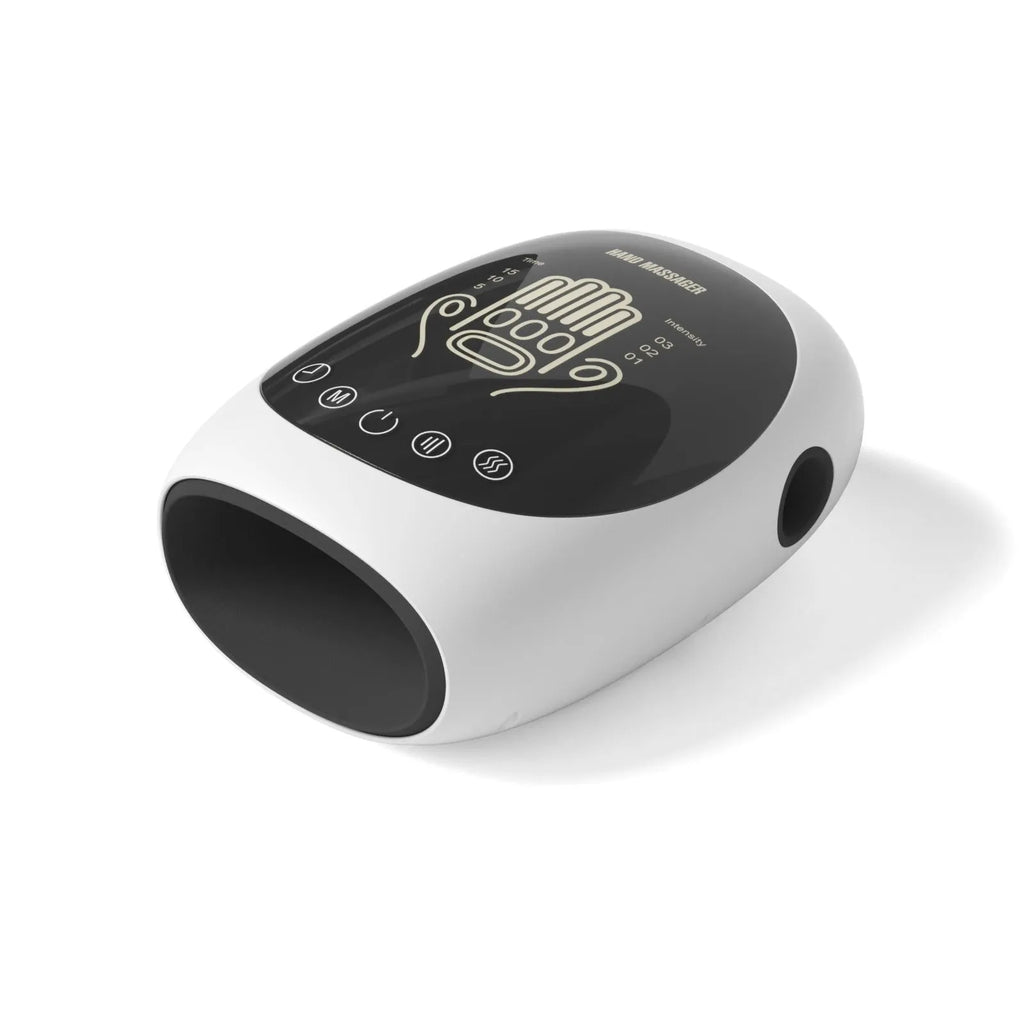 White electric hand massager with multi-point massage pads and infrared hot compress function