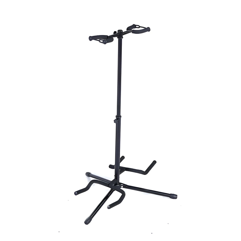 Black vertical double-headed adjustable guitar stand holding two guitars