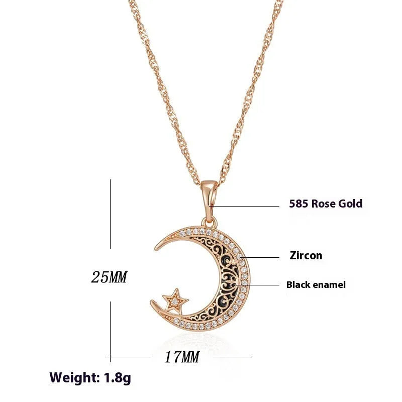 Rose gold coloured necklace with star and moon pendant on water wave chain