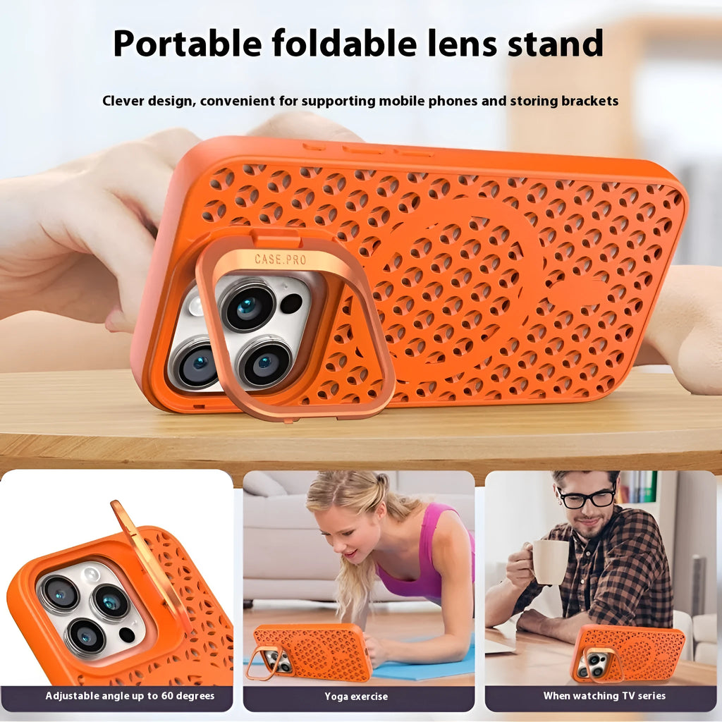 Magnetic suction lens bracket phone case for iPhone in purple, green, blue, black, silver gray or orange TPU.