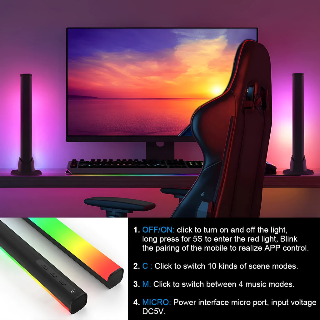 Two black desktop atmosphere lights with USB cables and app control interface on a gaming desk
