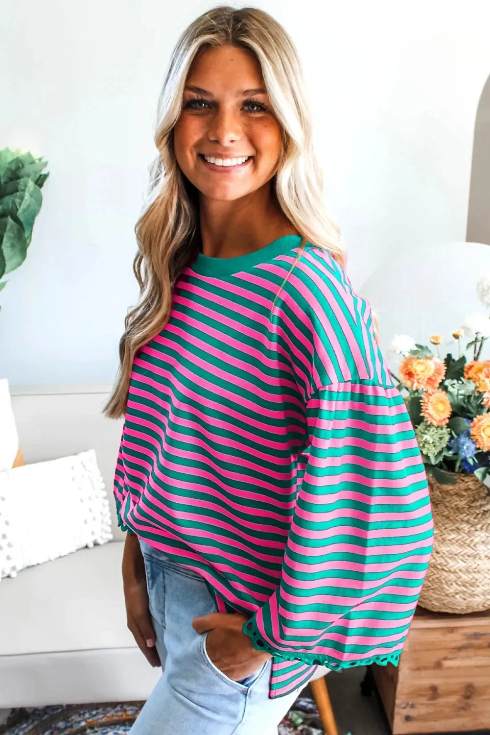 Striped crew neck long sleeve top for women loose fit polyester t-shirt in black