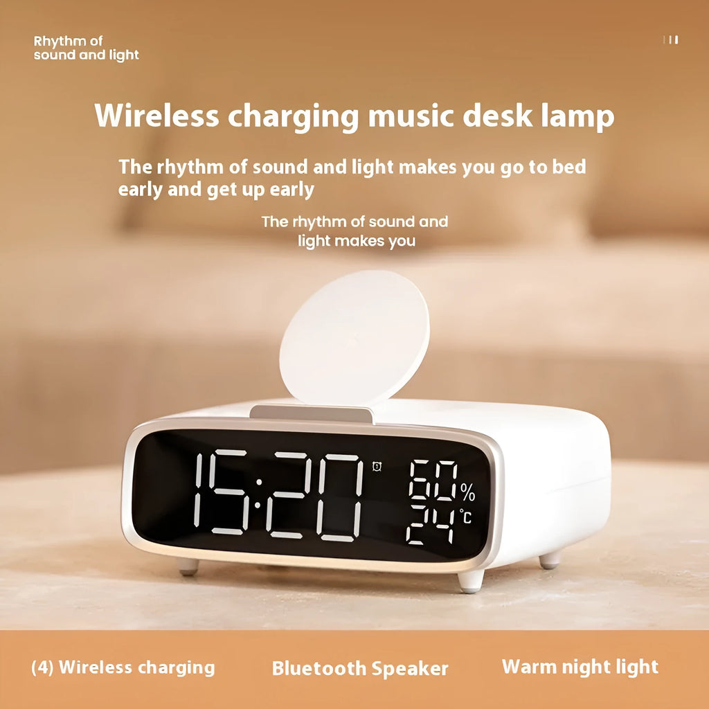 White wireless charger bluetooth speaker with LED night light and alarm clock display on flat surface