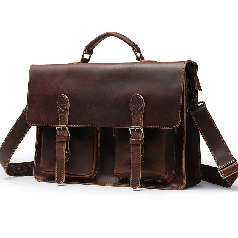 Brown cowhide leather crossbody computer bag with anti-theft features for business use