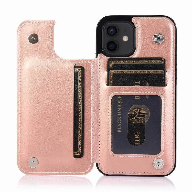 Crazy horse pattern PU TPU double buckle bracket phone case for iPhone 13 Pro Max in brown colour