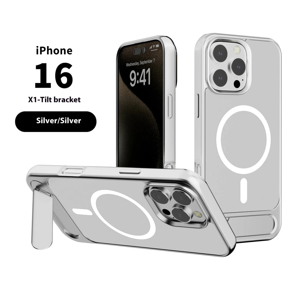Metallic paint skin-sensitive magnetic bracket phone case for iPhone, black colour, folded stand visible on rear panel
