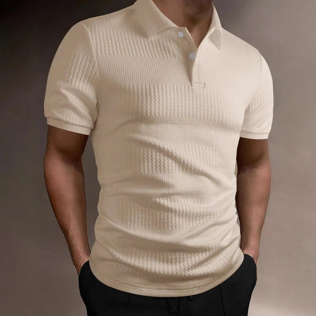 Men's loose-fit striped polo shirt in light blue with an asymmetric hem and short sleeves.