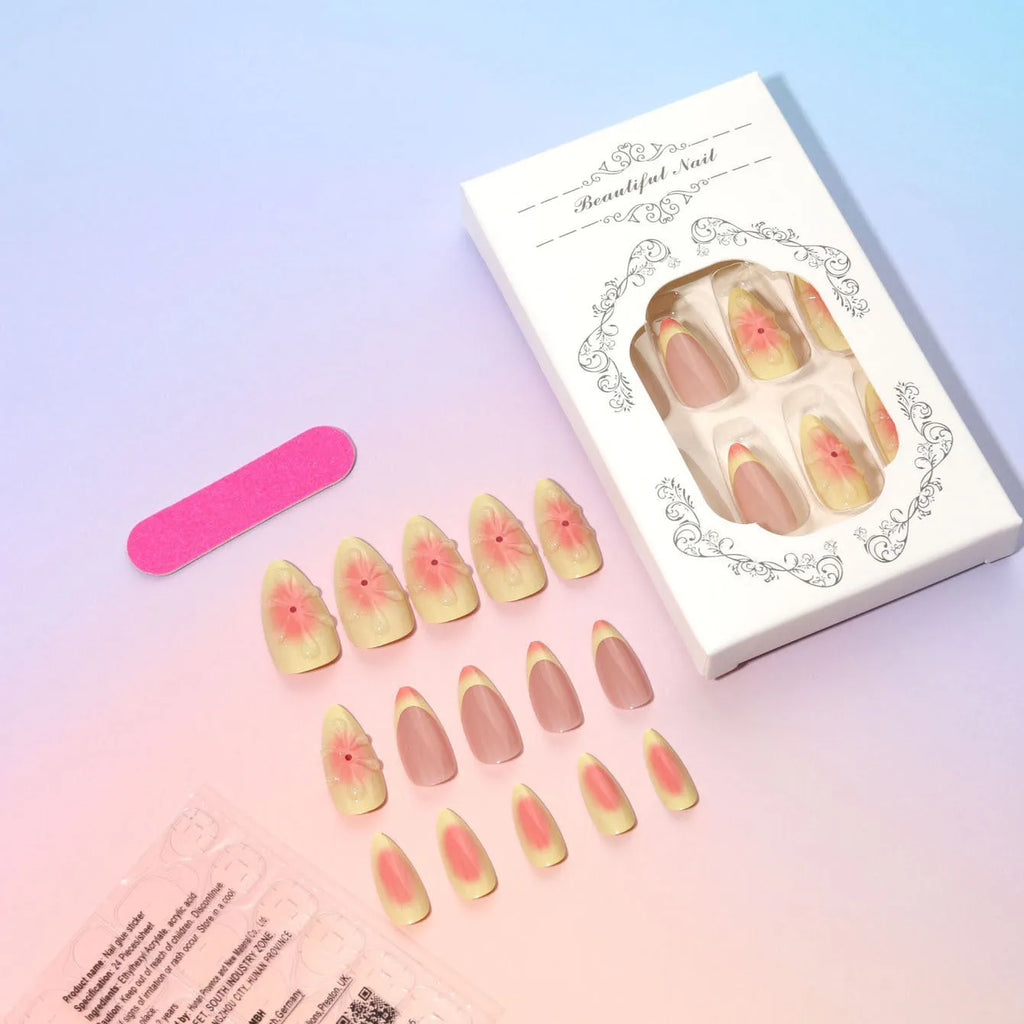 Set of plastic false nails with raised 3D cartoon flowers, jelly glue pot, and a nail file.
