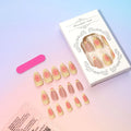 Set of plastic false nails with raised 3D cartoon flowers, jelly glue pot, and a nail file.