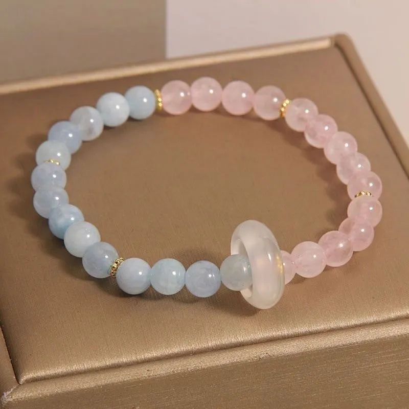Handmade aquamarine crystal bracelet for women in pink blue and imitation pearl, round geometric shape, light luxury dopamine style