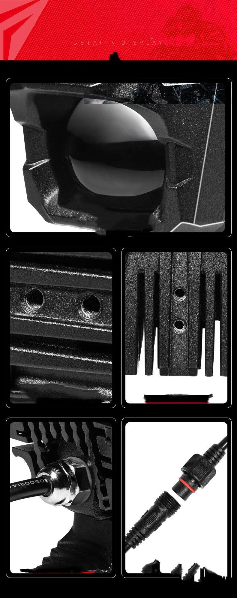 MDL5004 pair of black aluminium alloy high and low beam LED spotlights with mounting brackets on dark background