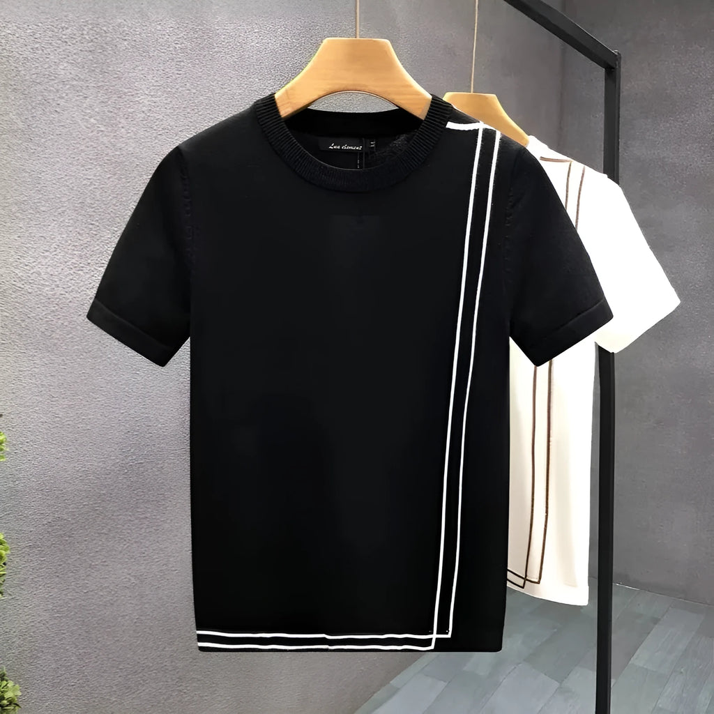 Striped knitted ice silk short sleeve men's slim fit T-shirt in black, drop shoulder design, summer retro style