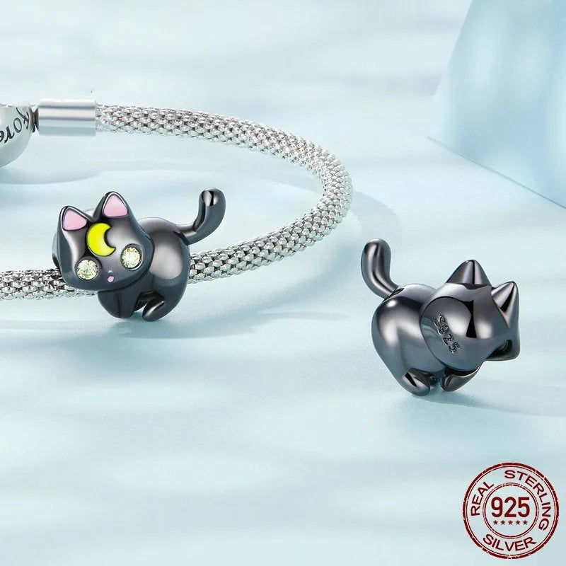 925 silver moon cat charm bead with black gold plating, height 1.6 cm, hole 0.45 cm