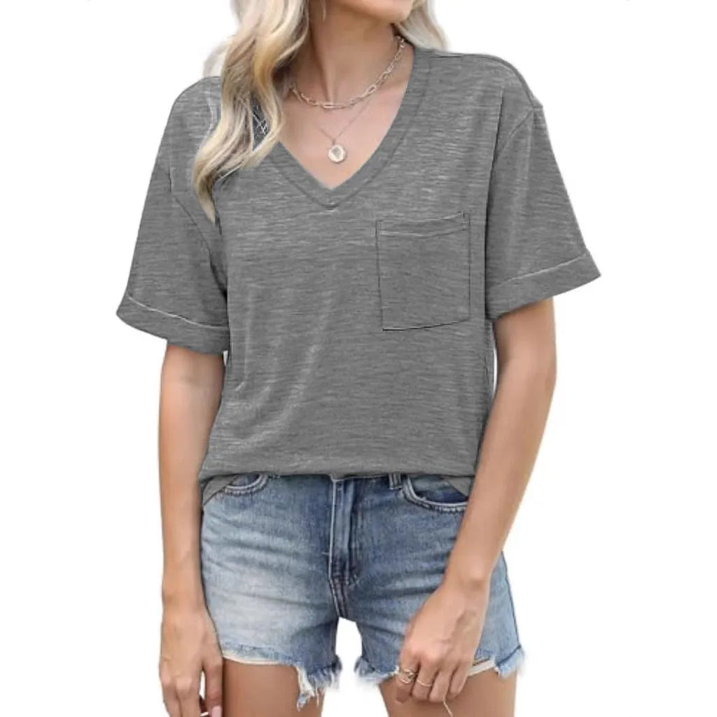 Grey men's loose fit V-neck t-shirt with a chest pocket on a solid background
