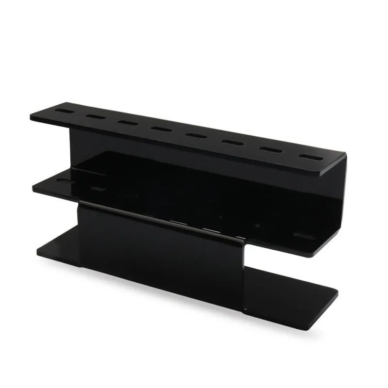 Acrylic tweezers display stand storage rack in black finish with tweezers inserted