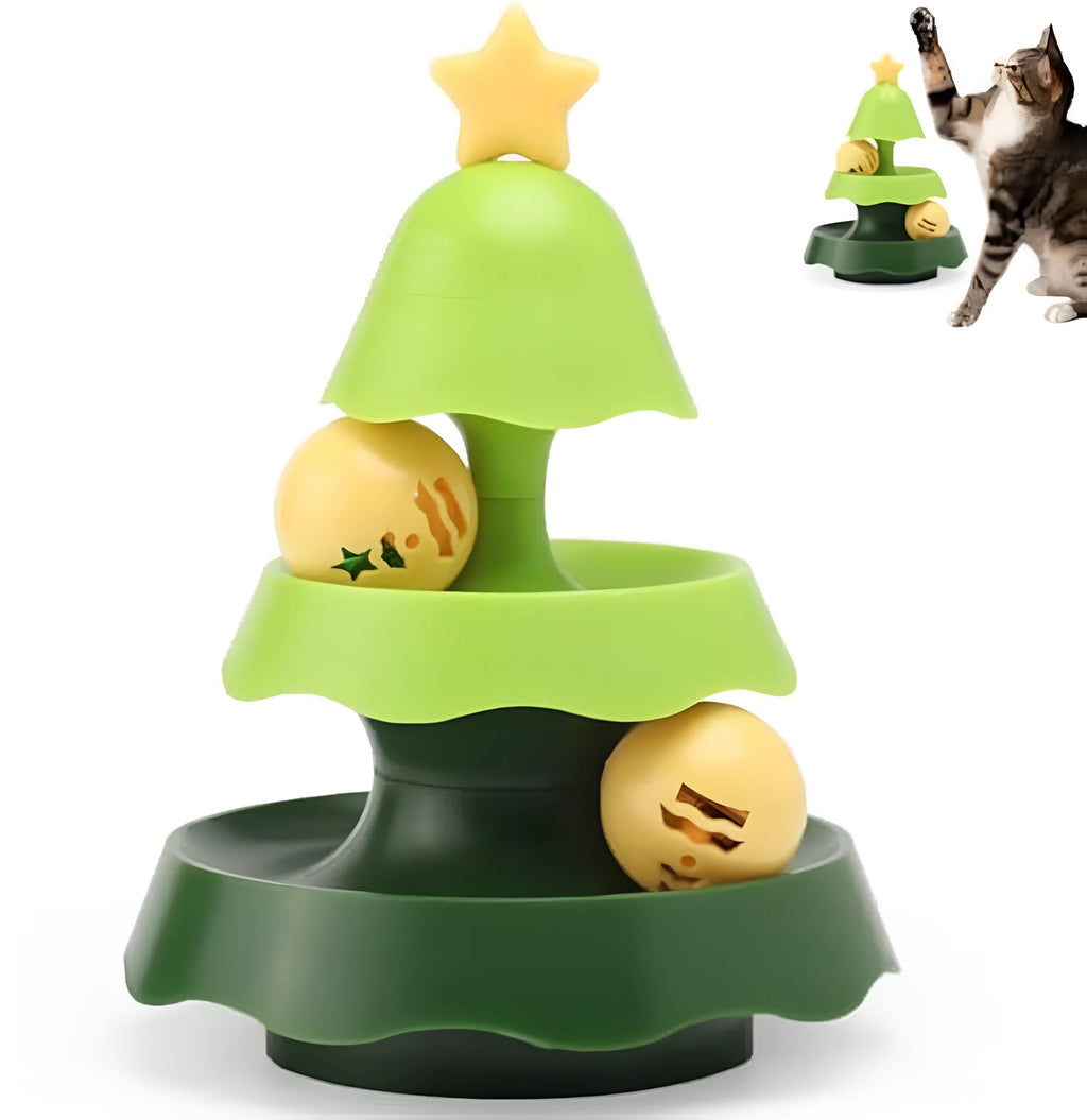 Tree-shaped cat toy track with two tiers of rolling balls and a catnip ball under a green cover on the floor