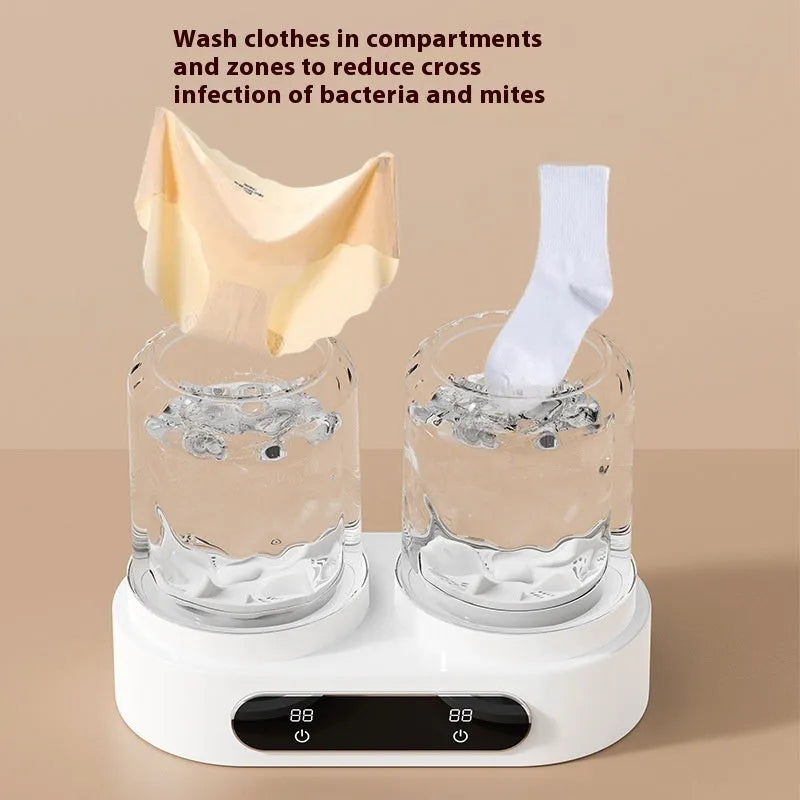 White double bucket mini washing machine with USB cable, showing two separate wash tubs.