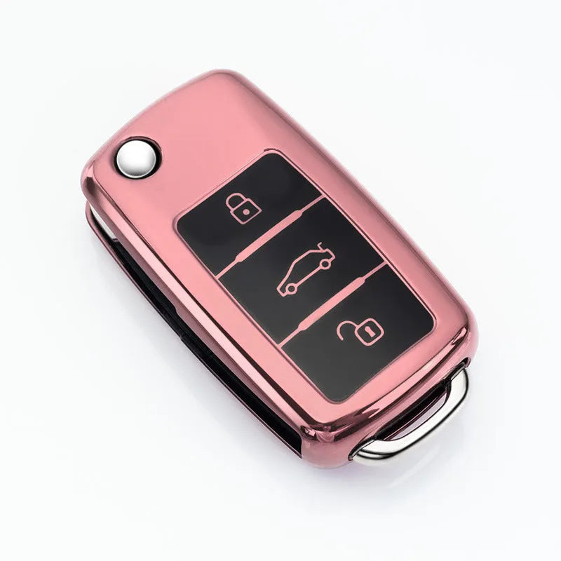 VW Model A folding car key inside a TPU protective case in blue, silver, pink, and red colour options.