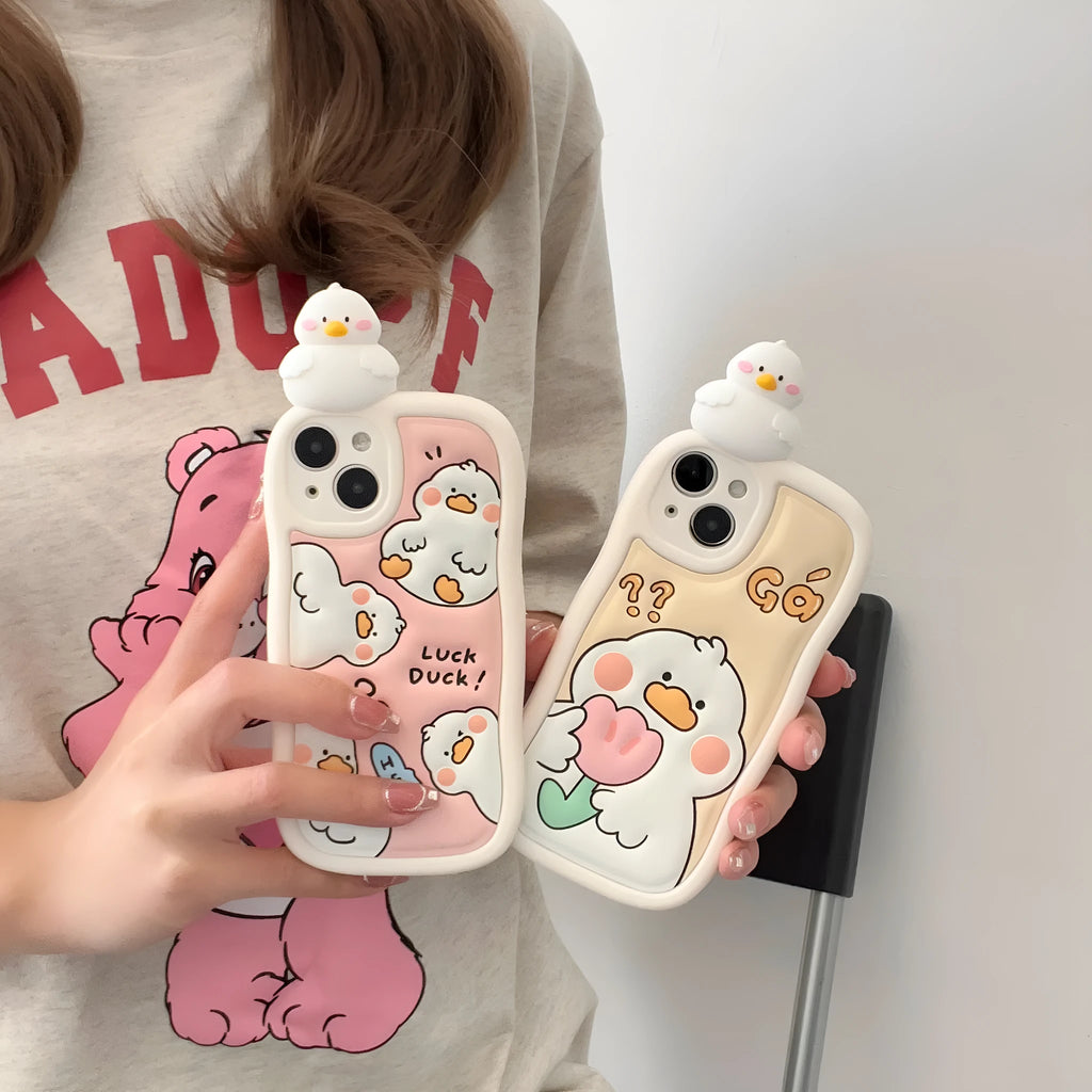 Cute three-dimensional duck TPU phone case for iPhone back cover, Pink Tulips colour, with duck design raised from surface