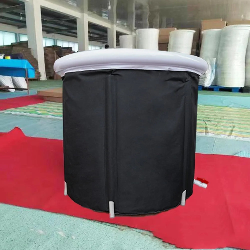 Black inflatable PVC portable ice bath tub with insulation and a fitted weather lid.