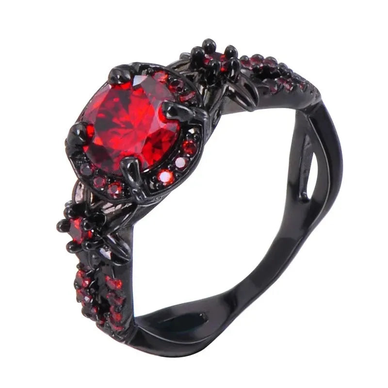 Black gold plated wave shaped ring with red zircon stone on copper band for women Korean style