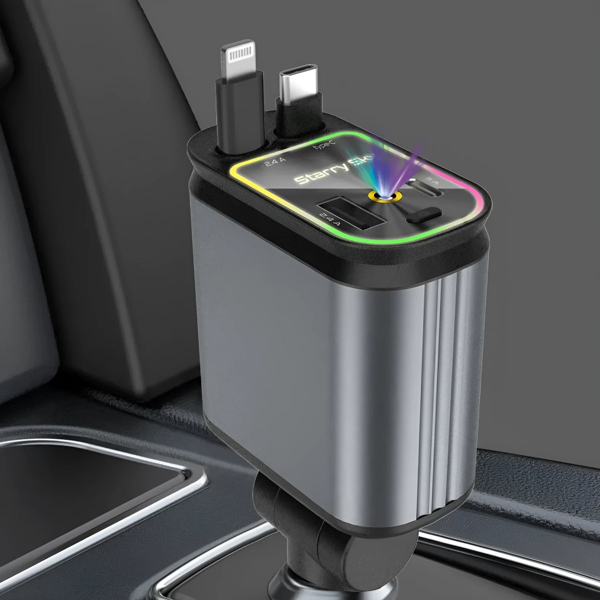 Four-in-one car charger with retractable 80cm cable, starry sky light, USB and Type-C outputs, Black Gray options