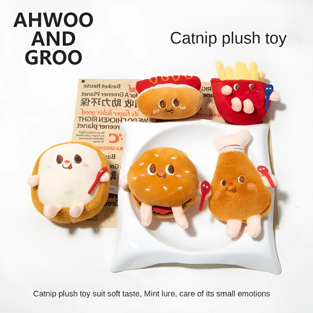 Set of five food-shaped cat chewing toys showing hamburger, chicken legs, fries, bread and hot dog designs
