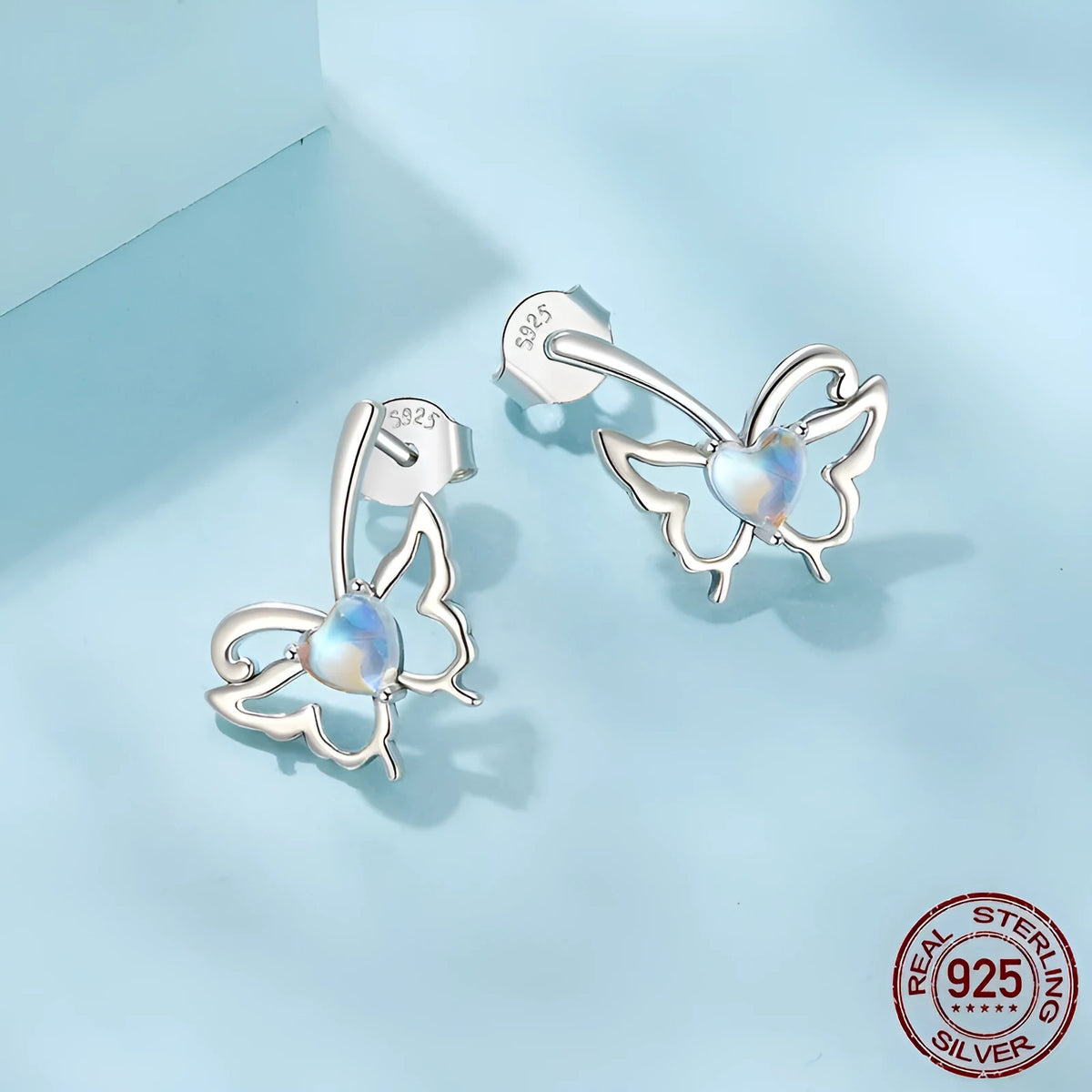 Moonstone butterfly stud earrings in 925 sterling silver, SCE1910 colour, supplied as a pair