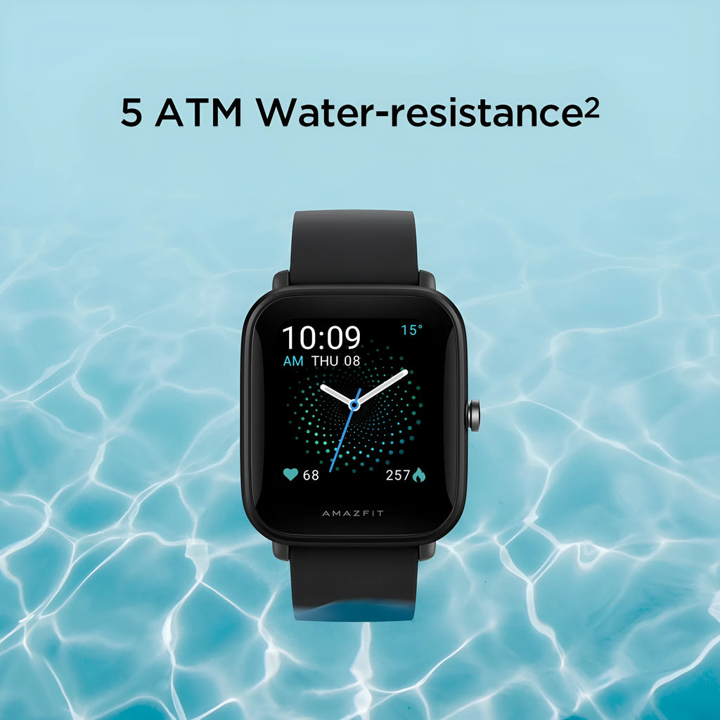 Amazfit smart watch with colour screen on a silicone strap, showing blood oxygen and GPS tracking.