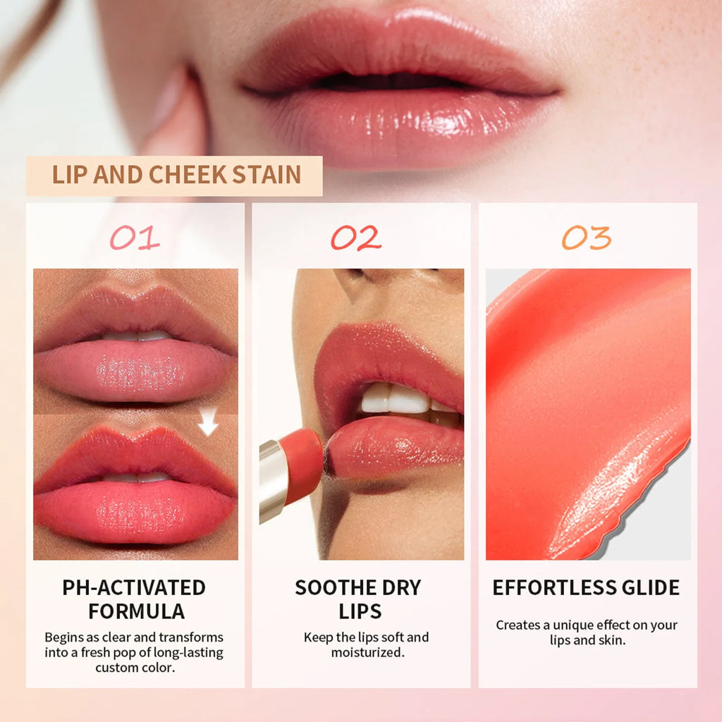 Dual-purpose lip and cheek temperature change lipstick in 3.5g stick format with moisturising and nourishing formula