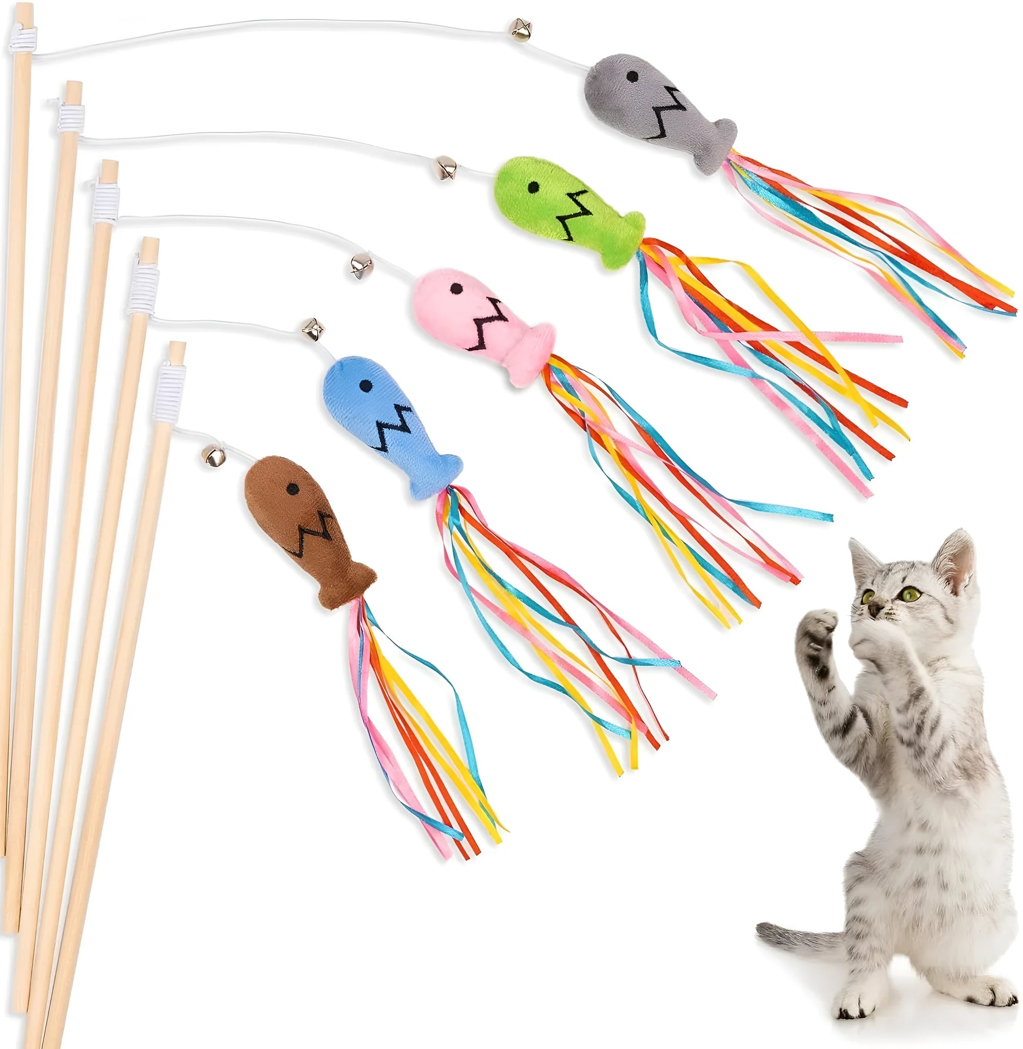 Colourful cat wand toy with ribbons, catnip fish, and bell on a wooden handle for indoor cats