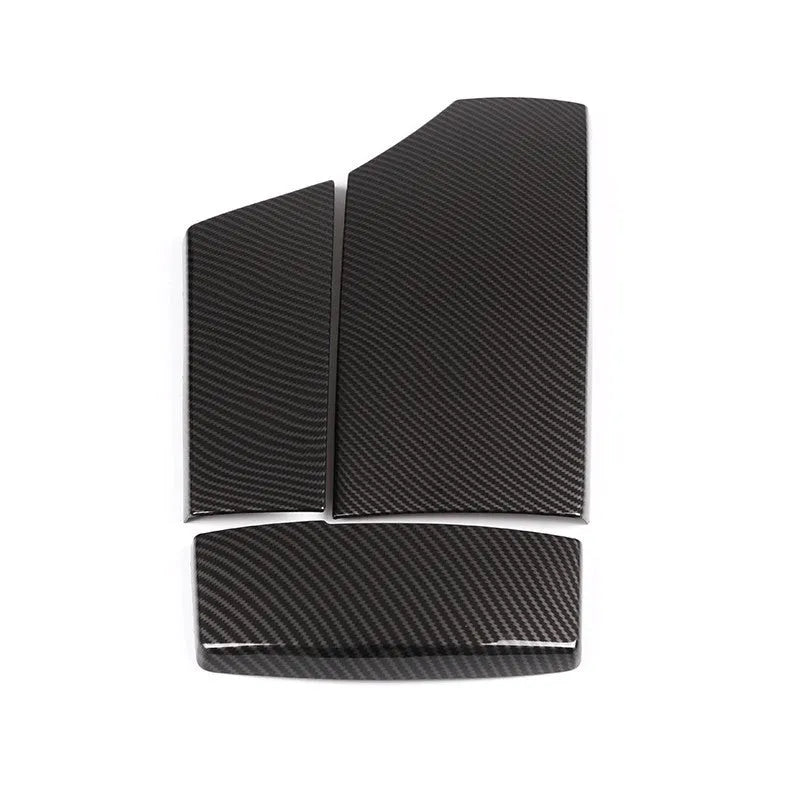 Three-piece set of glossy black ABS car armrest box covers with a carbon fibre weave pattern.