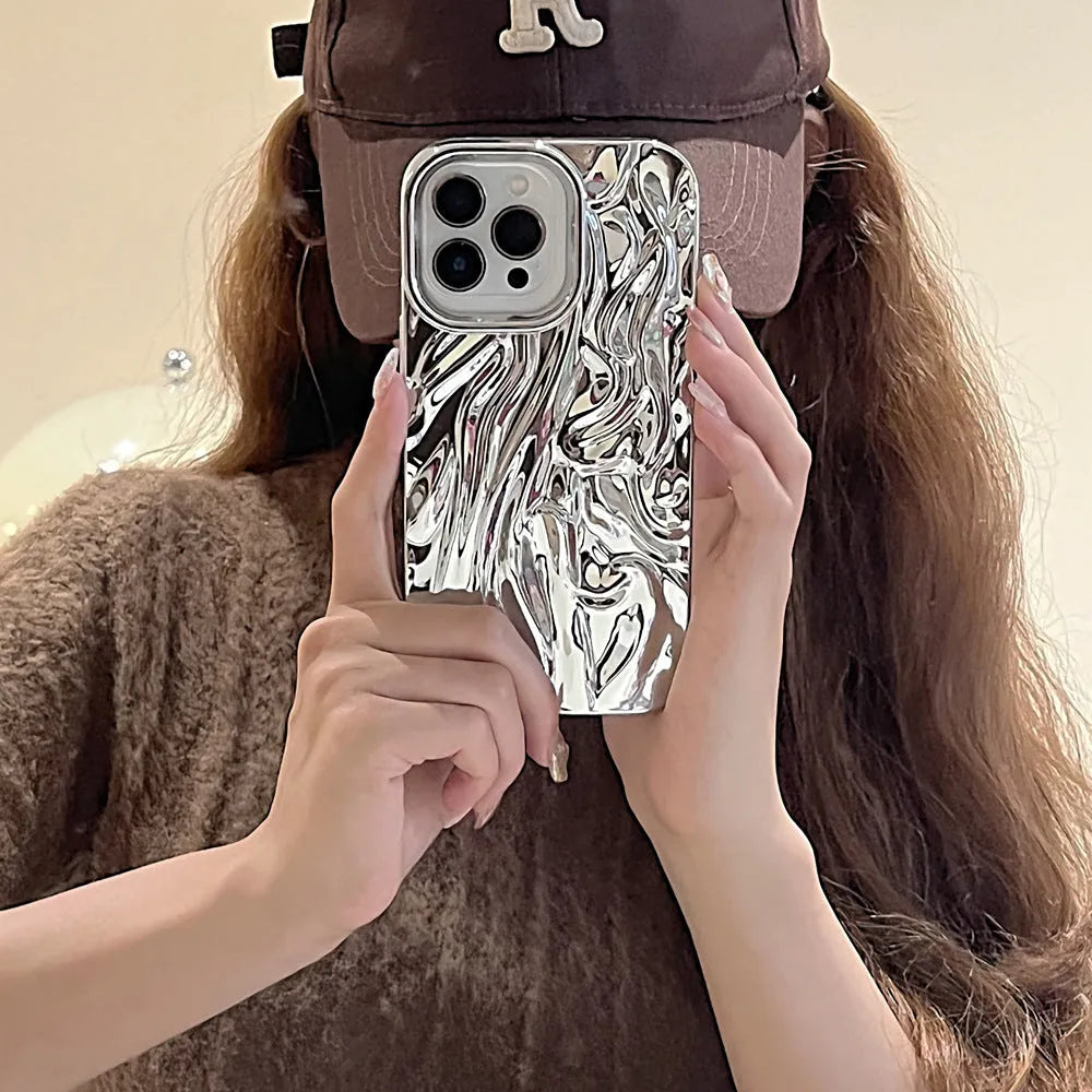 Three-dimensional pleated TPU phone case for Apple iPhone with electroplating finish in pink colour