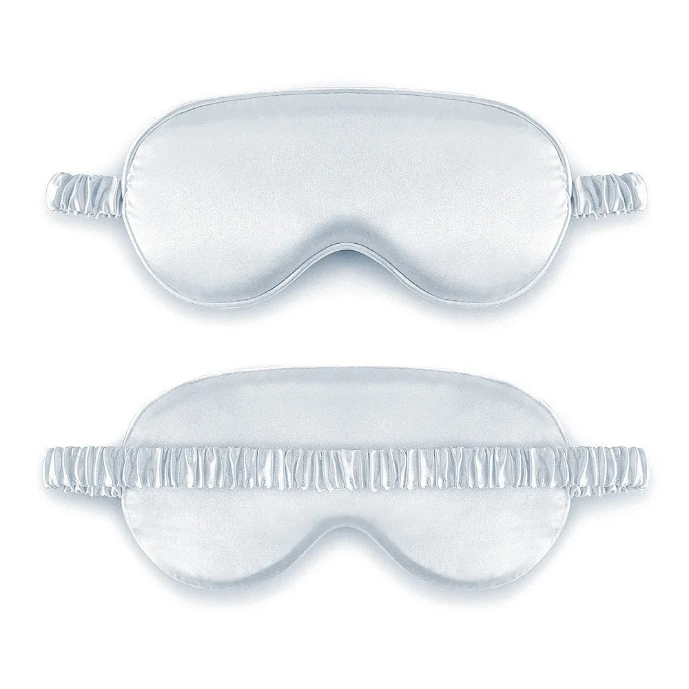 Double-sided silk-like eye mask in rayon elastic satin showing colour options including sky blue and wine red