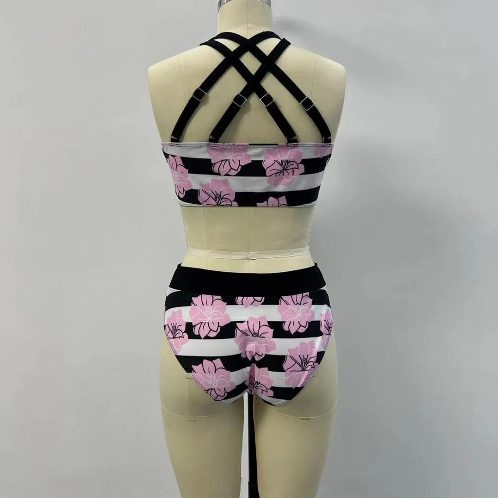 Black women's split bikini with printed belly coverage design for swimming