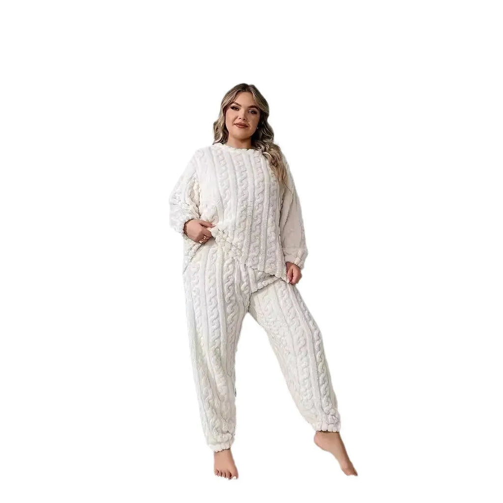 Women's Milky White polyester two-piece pyjama set with crew neck top and matching trousers