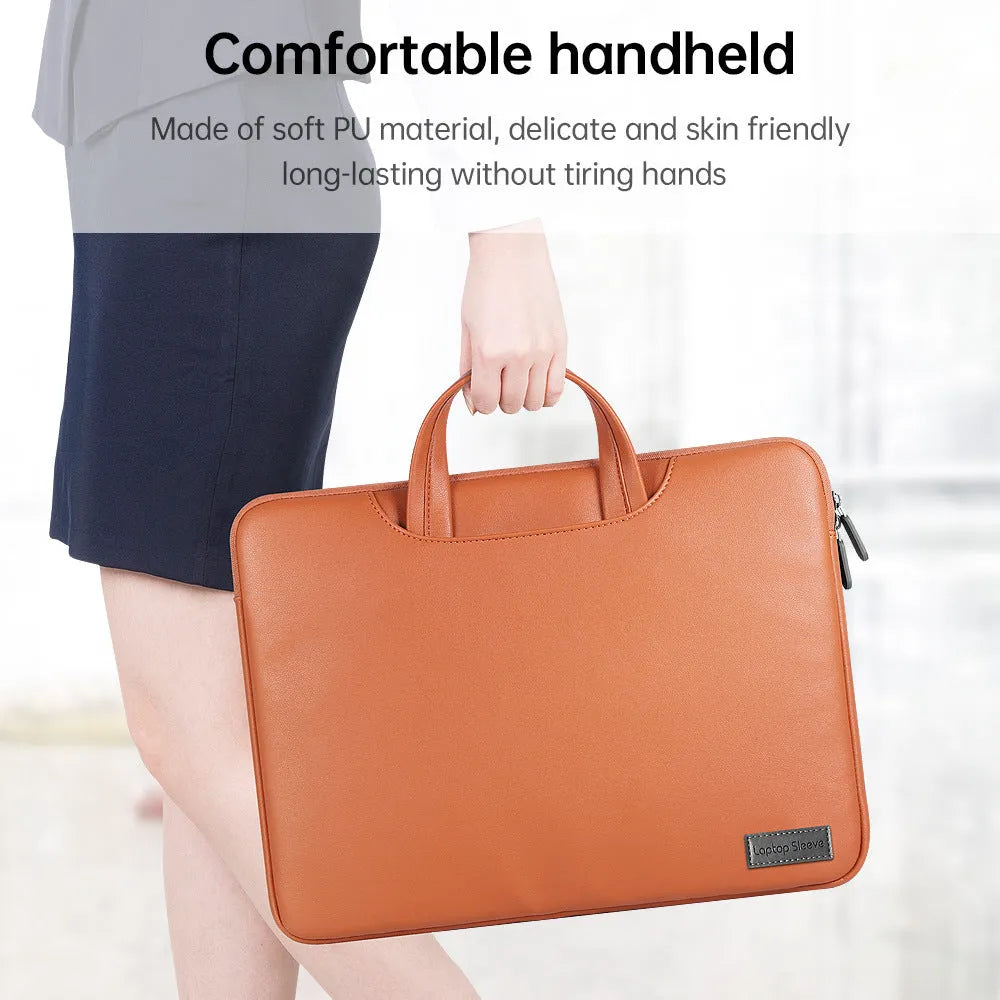 Shockproof PU leather laptop bag in black with shoulder strap and accessory bag for 15.6 inch laptops