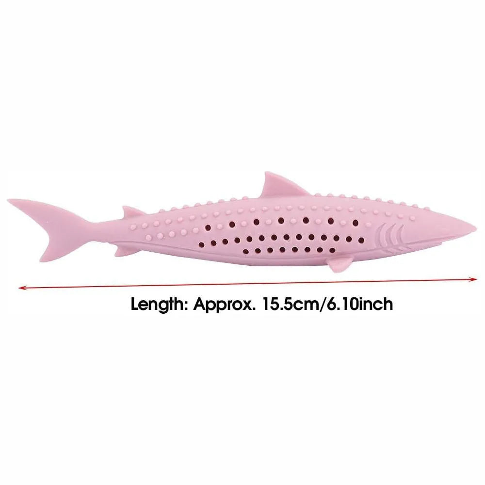 Green silicone fish-shaped cat chew toy with breathable side holes