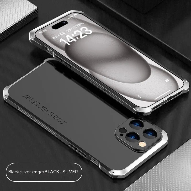 Three-section TPU metal frame protective phone cover for Apple iPhone 15, black and blue colour, frosted finish