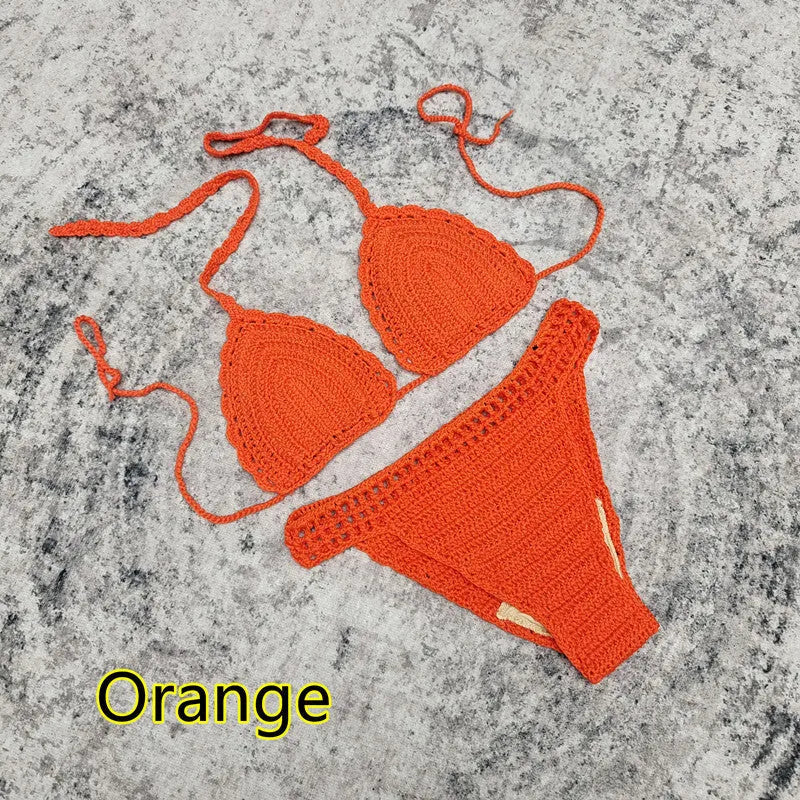 Women's white handmade crochet bikini swimsuit set with a separate matching skirt.