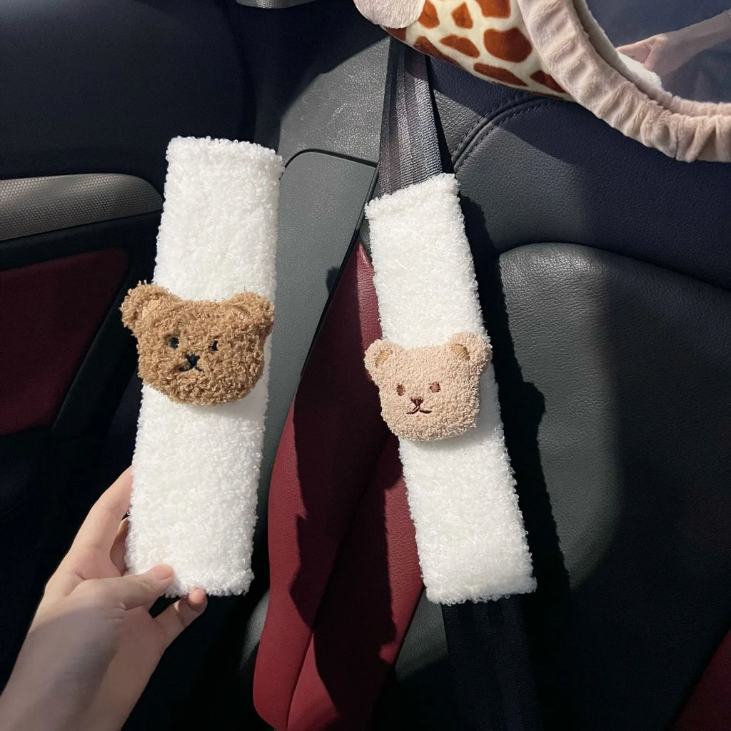 Cartoon bear plush baby car seat belt protective cover showing khaki and coffee colour options