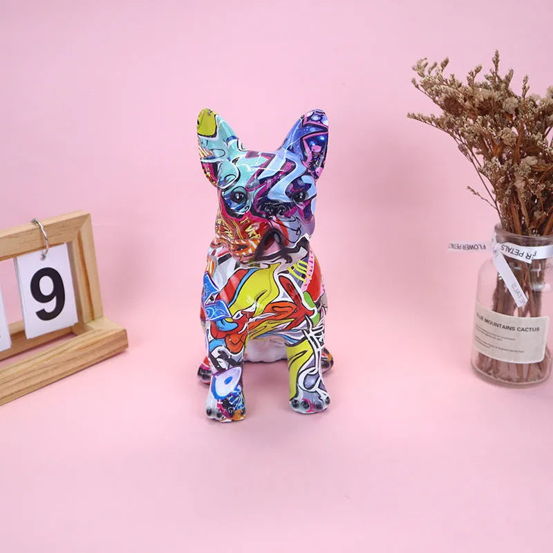 Modern French Bulldog resin statue with graffiti finish, measuring 17x11.5x22cm